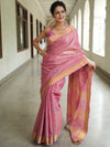 Banarasee Handloom Linen Saree With Mirror Work-Pink
