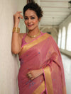 Banarasee Handloom Linen Saree With Mirror Work-Pink