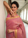 Banarasee Handloom Linen Saree With Mirror Work-Pink