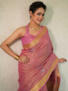 Banarasee Handloom Linen Saree With Mirror Work-Pink