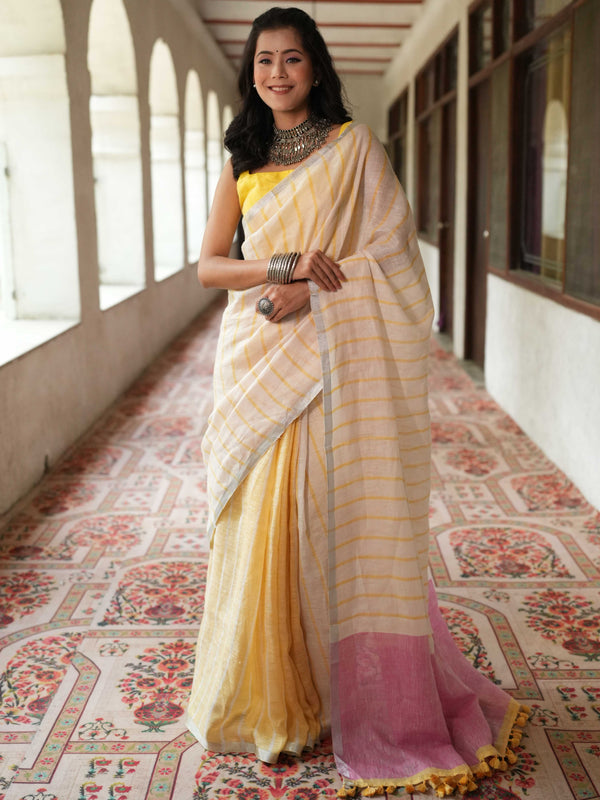 Bhagalpur Handloom Pure Linen Cotton Saree-White & Yellow
