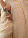 Bhagalpur Handloom Pure Linen Cotton Saree-White & Yellow
