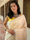Bhagalpur Handloom Pure Linen Cotton Saree-White & Yellow