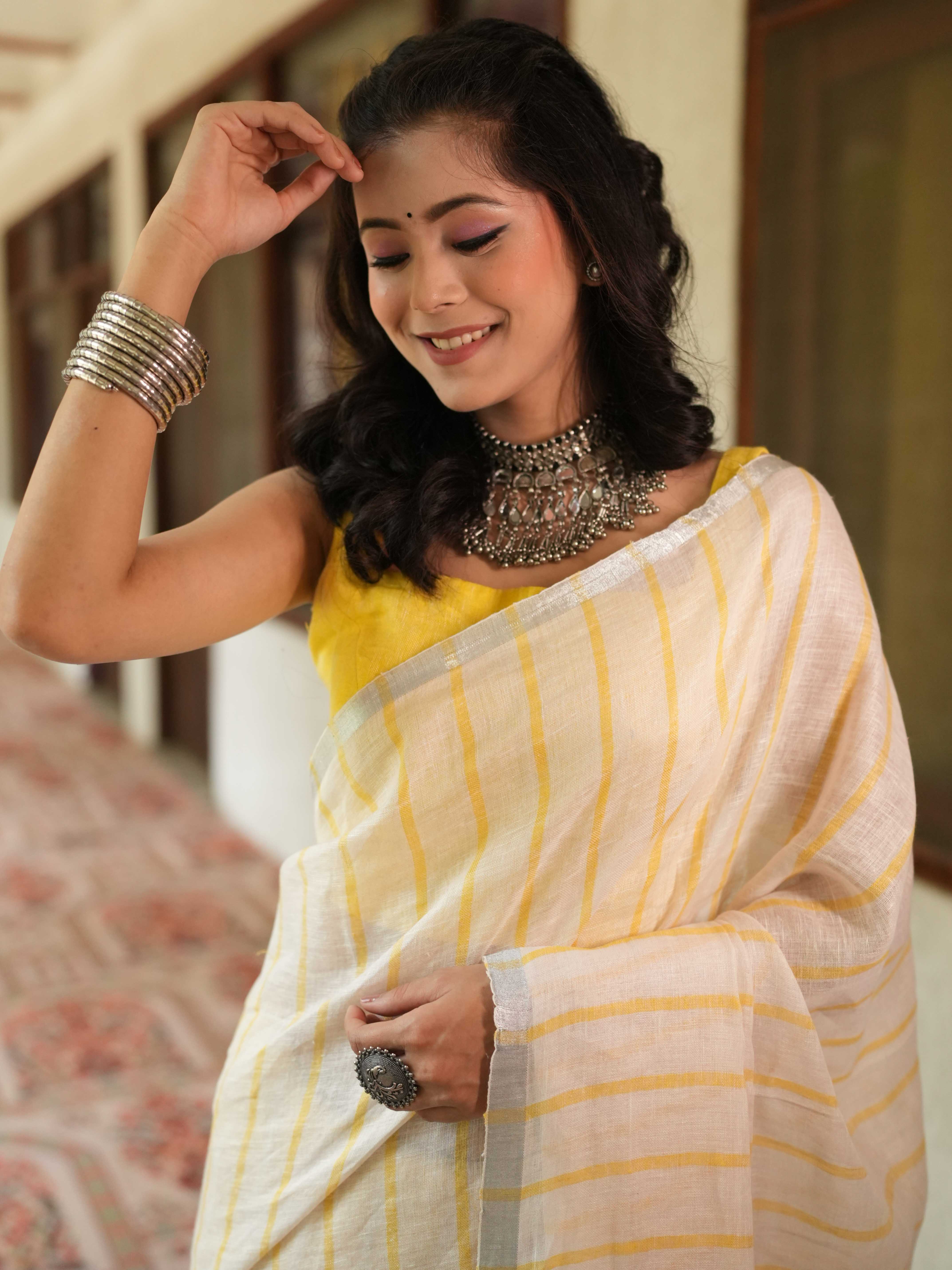 Bhagalpur Handloom Pure Linen Cotton Saree-White & Yellow