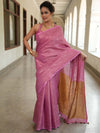 Banarasee Handloom Linen Saree With Mirror Work-Pink