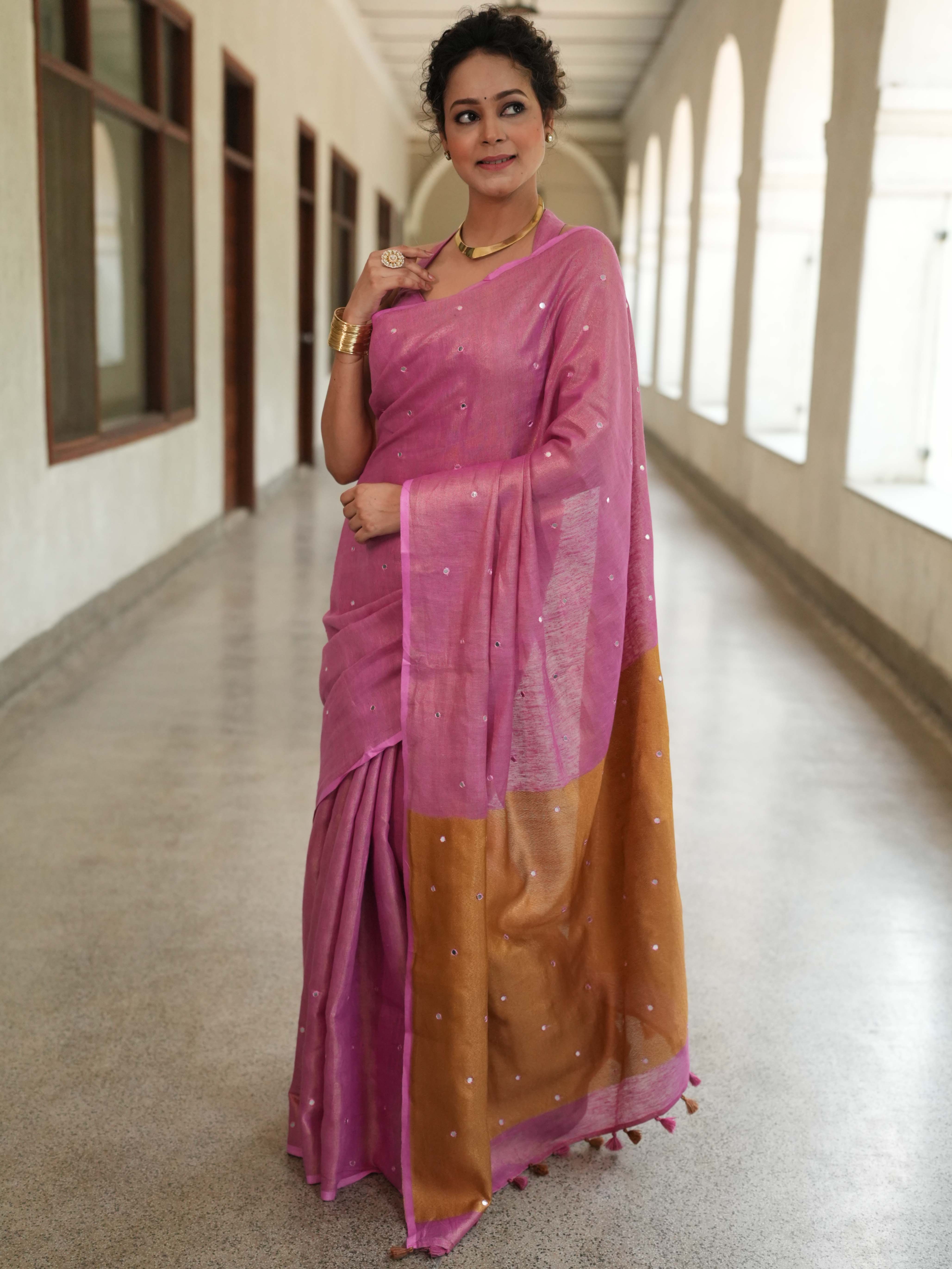 Banarasee Handloom Linen Saree With Mirror Work-Pink