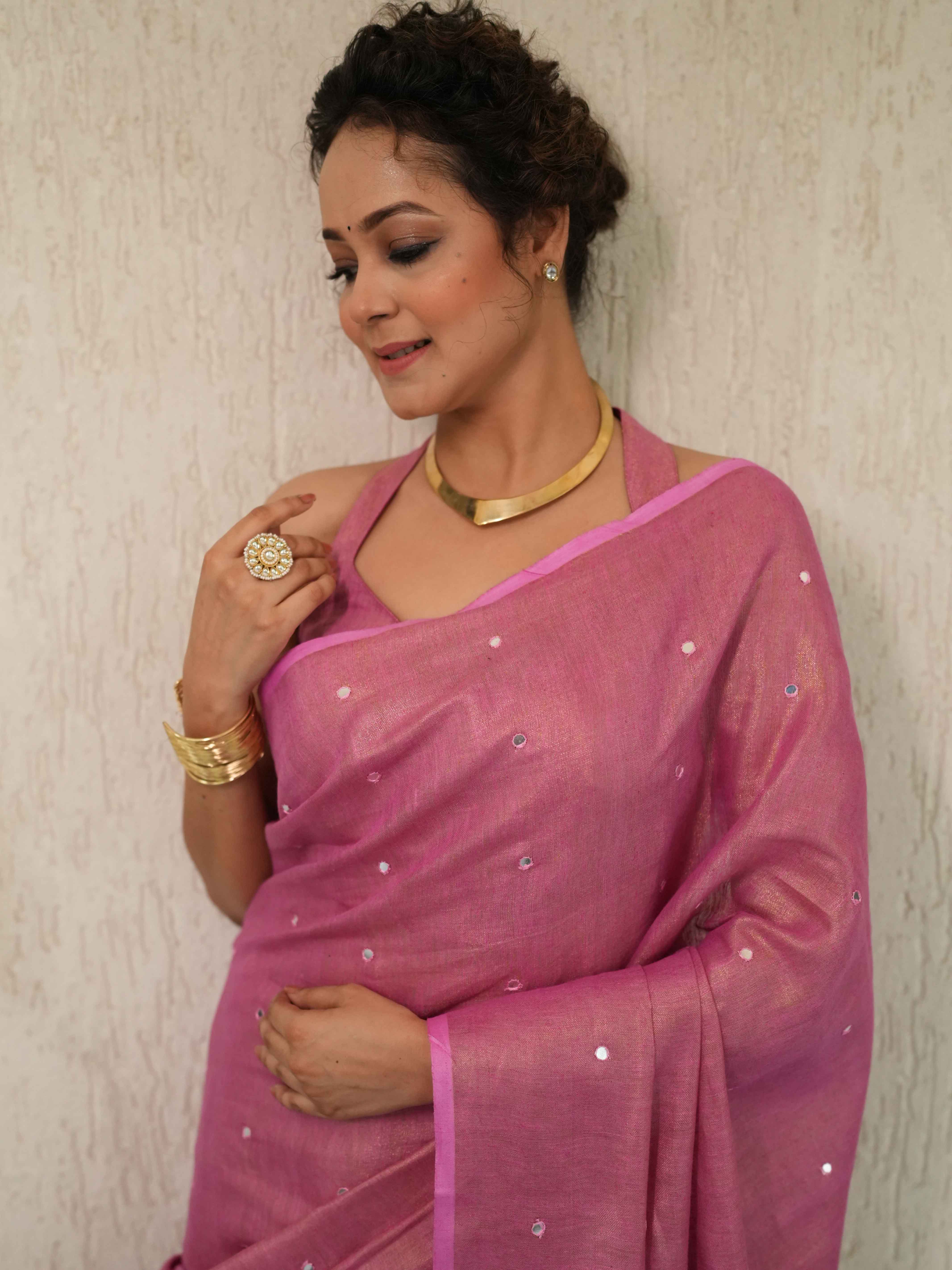 Banarasee Handloom Linen Saree With Mirror Work-Pink