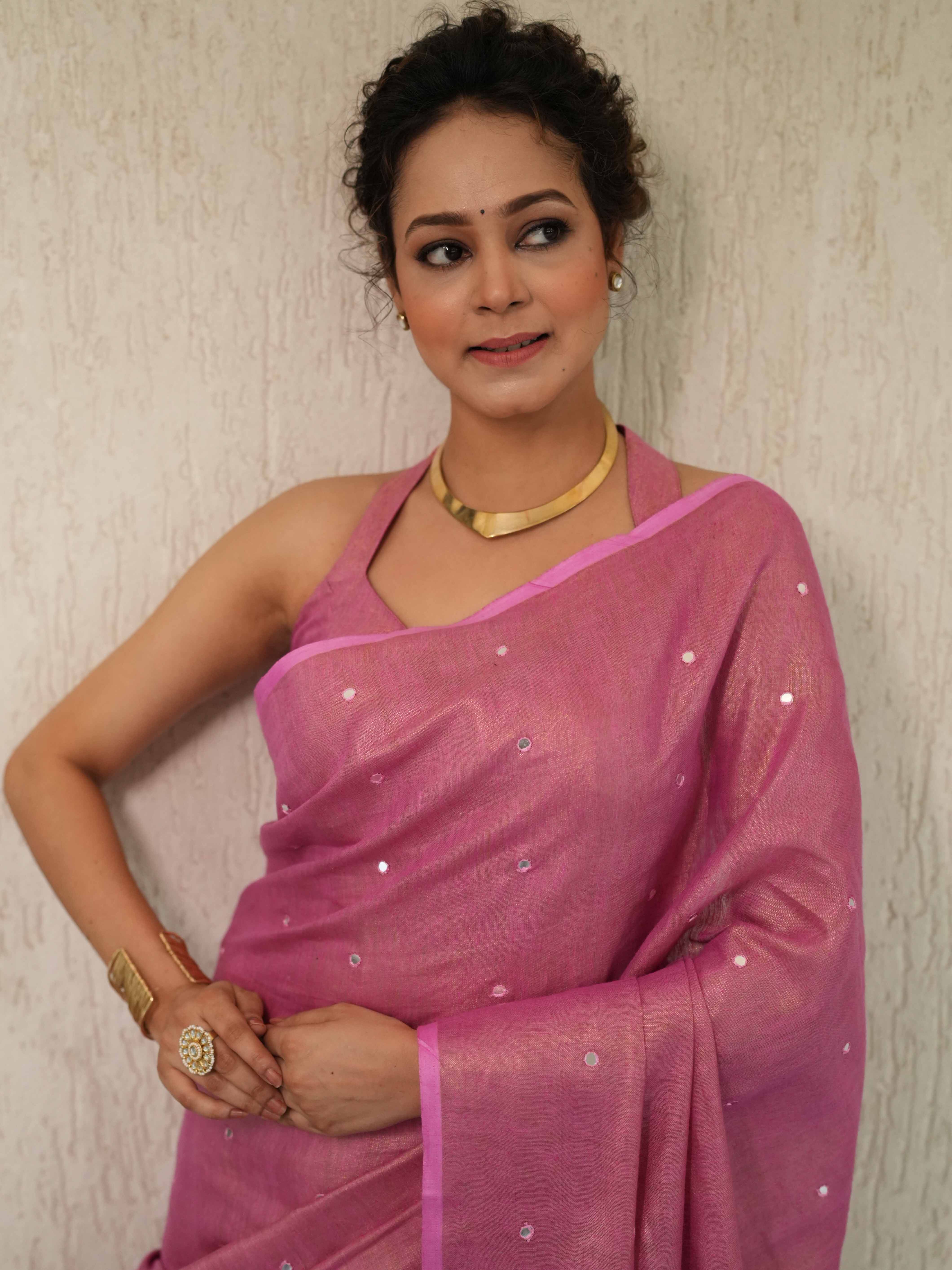 Banarasee Handloom Linen Saree With Mirror Work-Pink