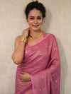 Banarasee Handloom Linen Saree With Mirror Work-Pink