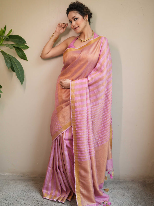 Bhagalpur Handloom Pure Linen Cotton Saree With Zari Design-Pink
