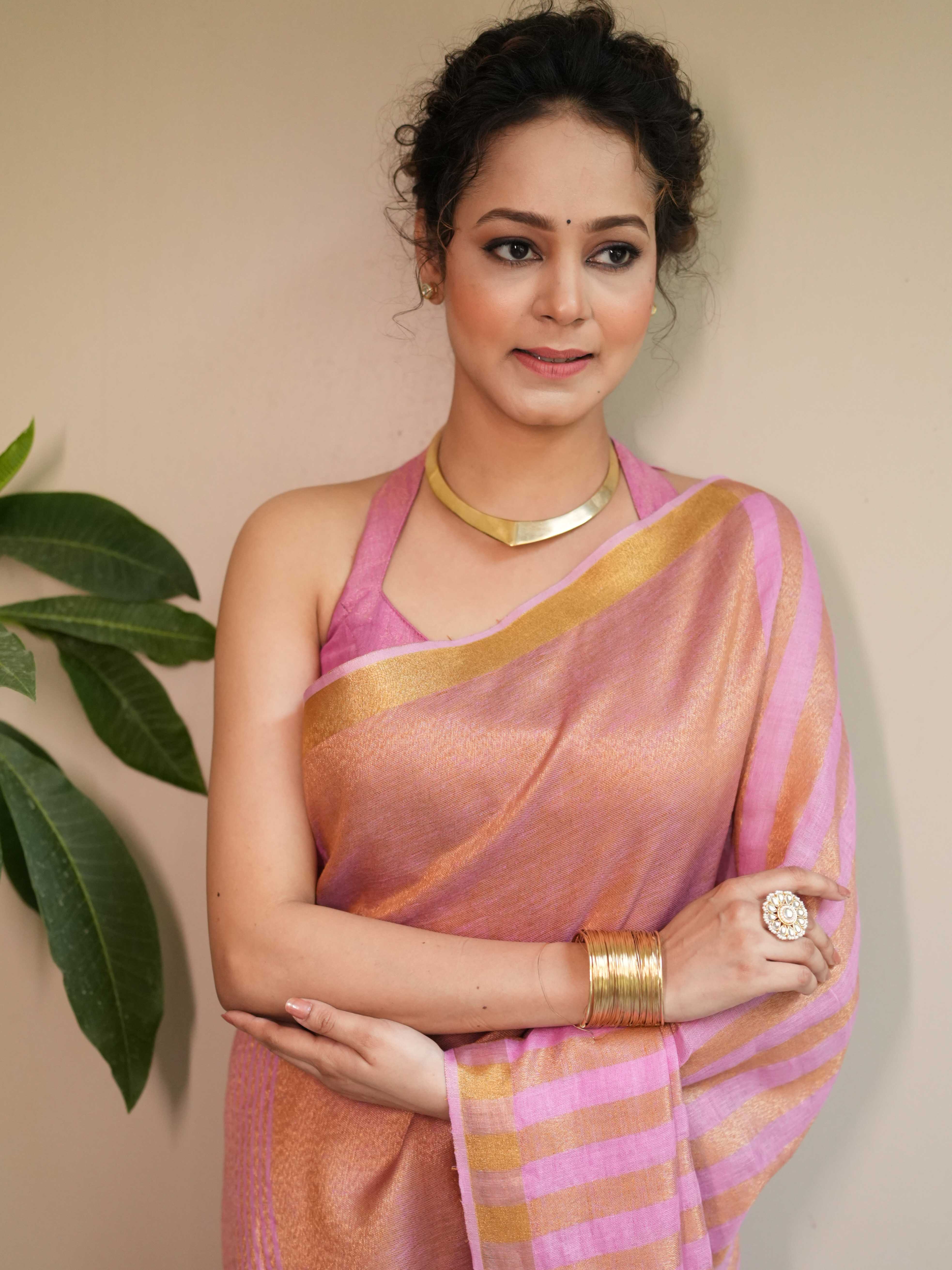 Bhagalpur Handloom Pure Linen Cotton Saree With Zari Design-Pink