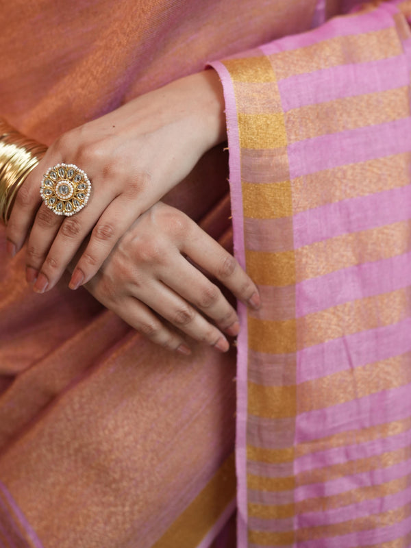 Bhagalpur Handloom Pure Linen Cotton Saree With Zari Design-Pink