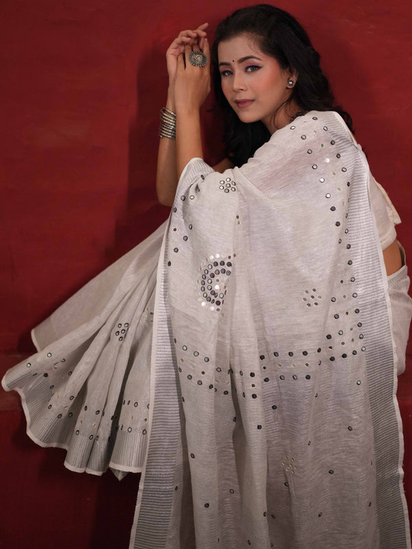 Banarasee Handloom Linen Saree With Mirror Work-White