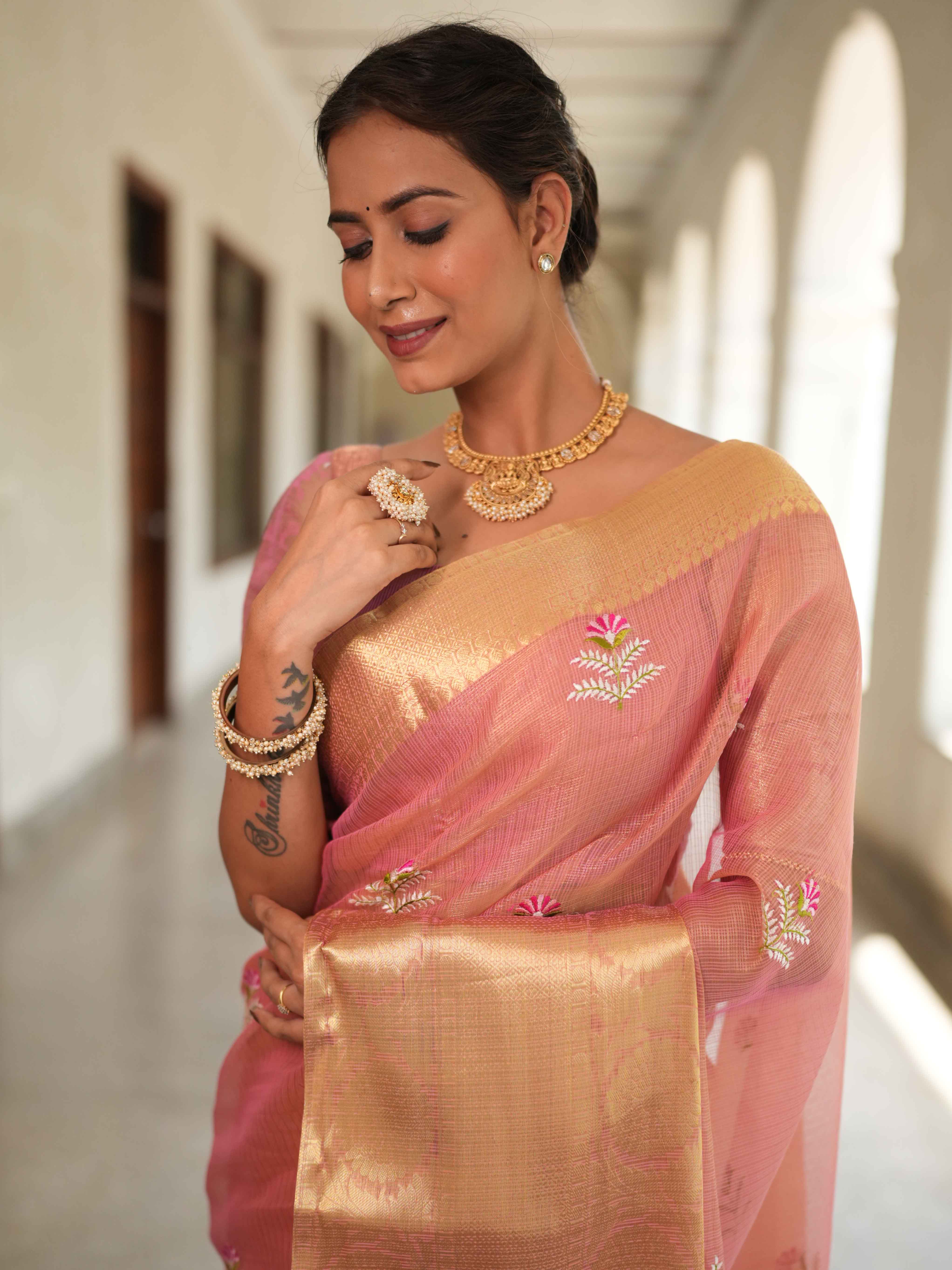 Banarasee Handwoven Broad Border Tissue Saree With Embroidered Design-Pink
