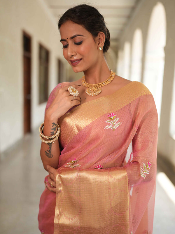 Banarasee Handwoven Broad Border Tissue Saree With Embroidered Design-Pink