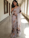 Banarasee Organza Silk Floral Printed Saree With Scallop Border-Grey