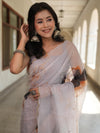 Banarasee Organza Silk Floral Printed Saree With Scallop Border-Grey
