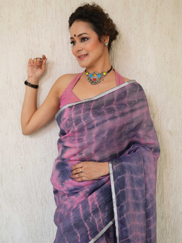 Bhagalpur Handloom Pure Linen Cotton Hand Dyed Shibori Pattern Saree-Purple & Pink