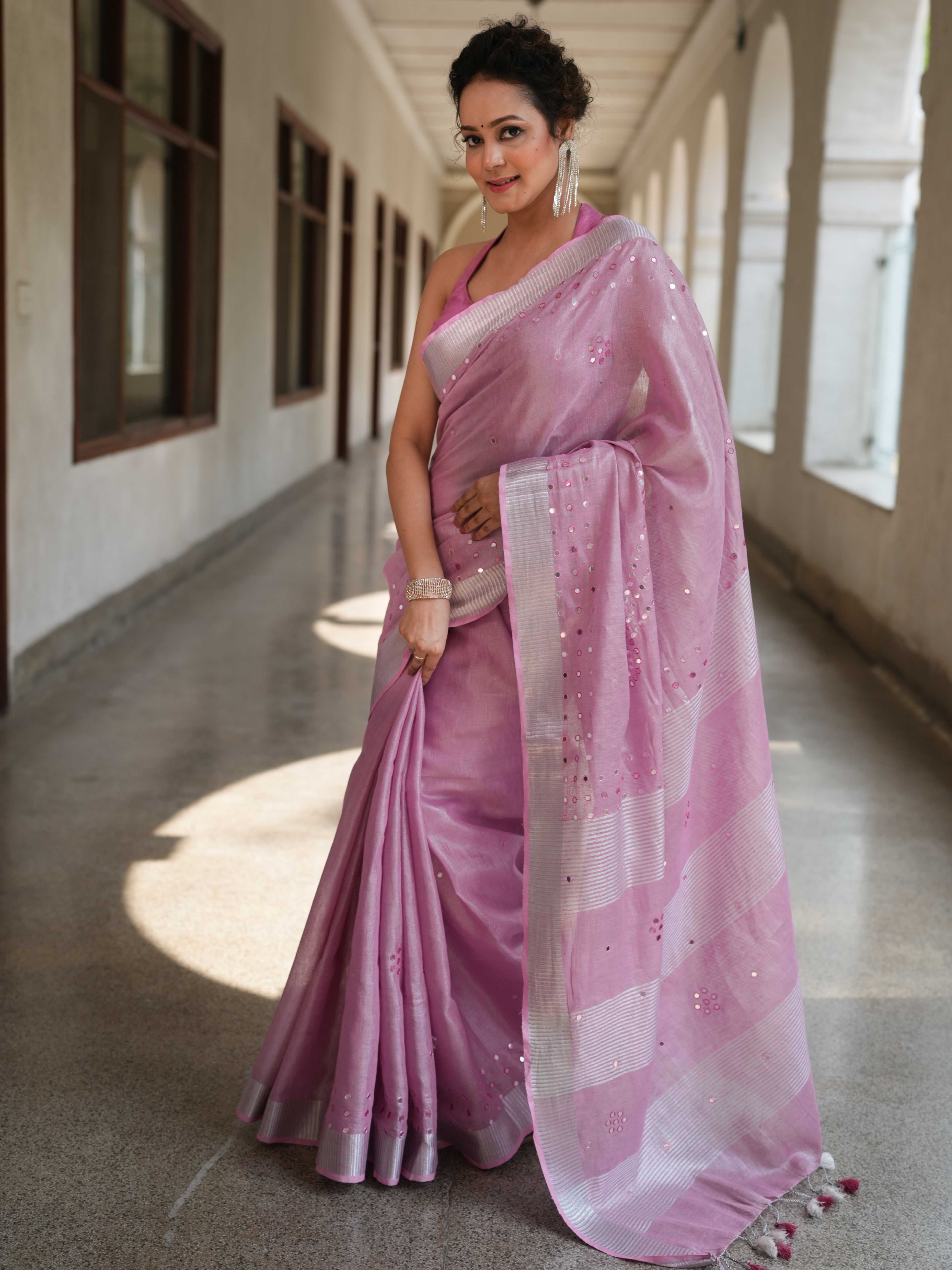 Banarasee Handloom Linen Saree With Mirror Work-Onion Pink
