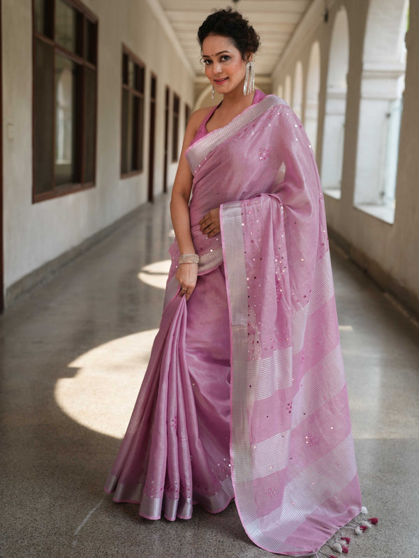 Banarasee Handloom Linen Saree With Mirror Work-Onion Pink