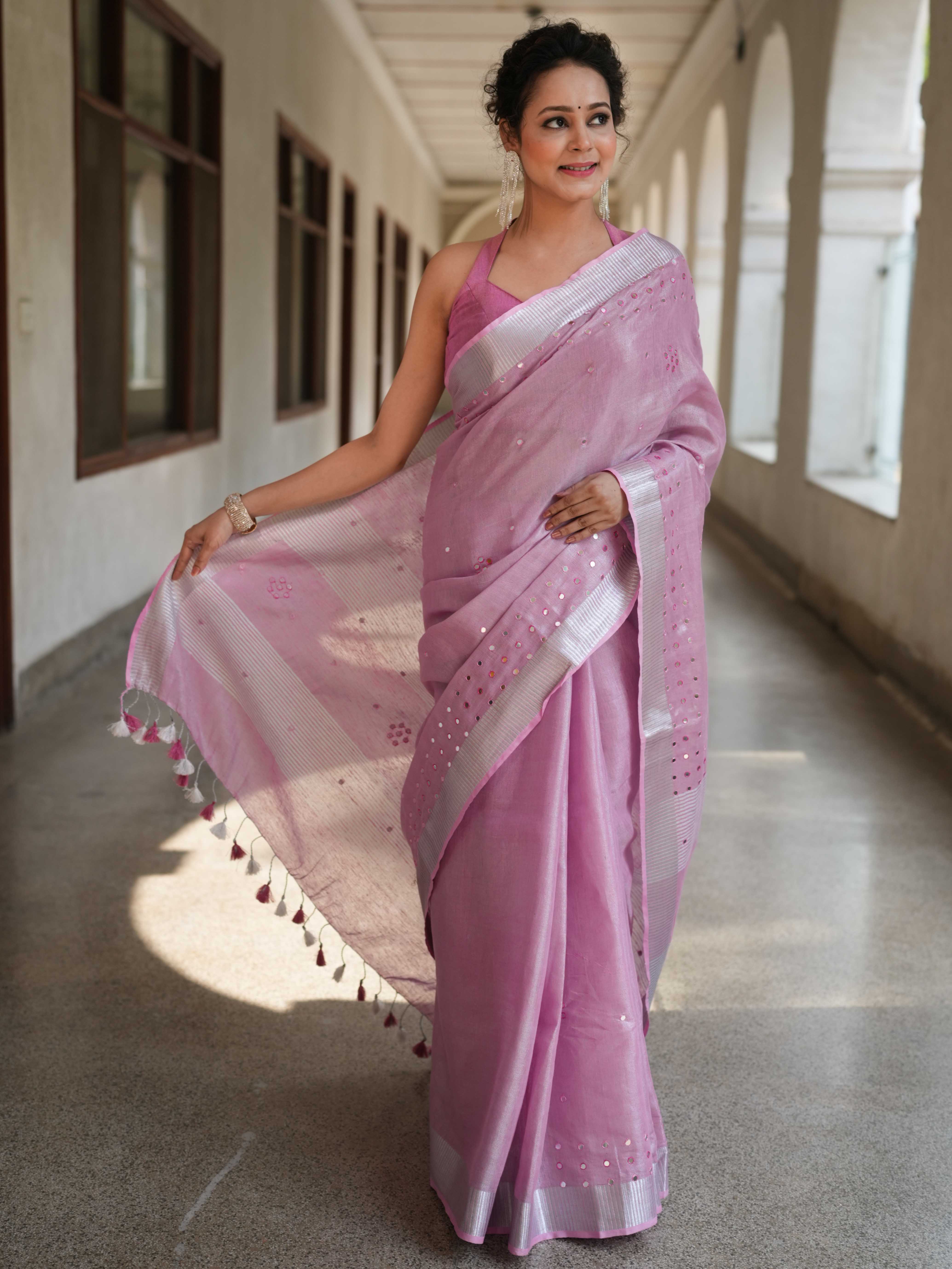 Banarasee Handloom Linen Saree With Mirror Work-Onion Pink