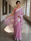Banarasee Handloom Linen Saree With Mirror Work-Onion Pink