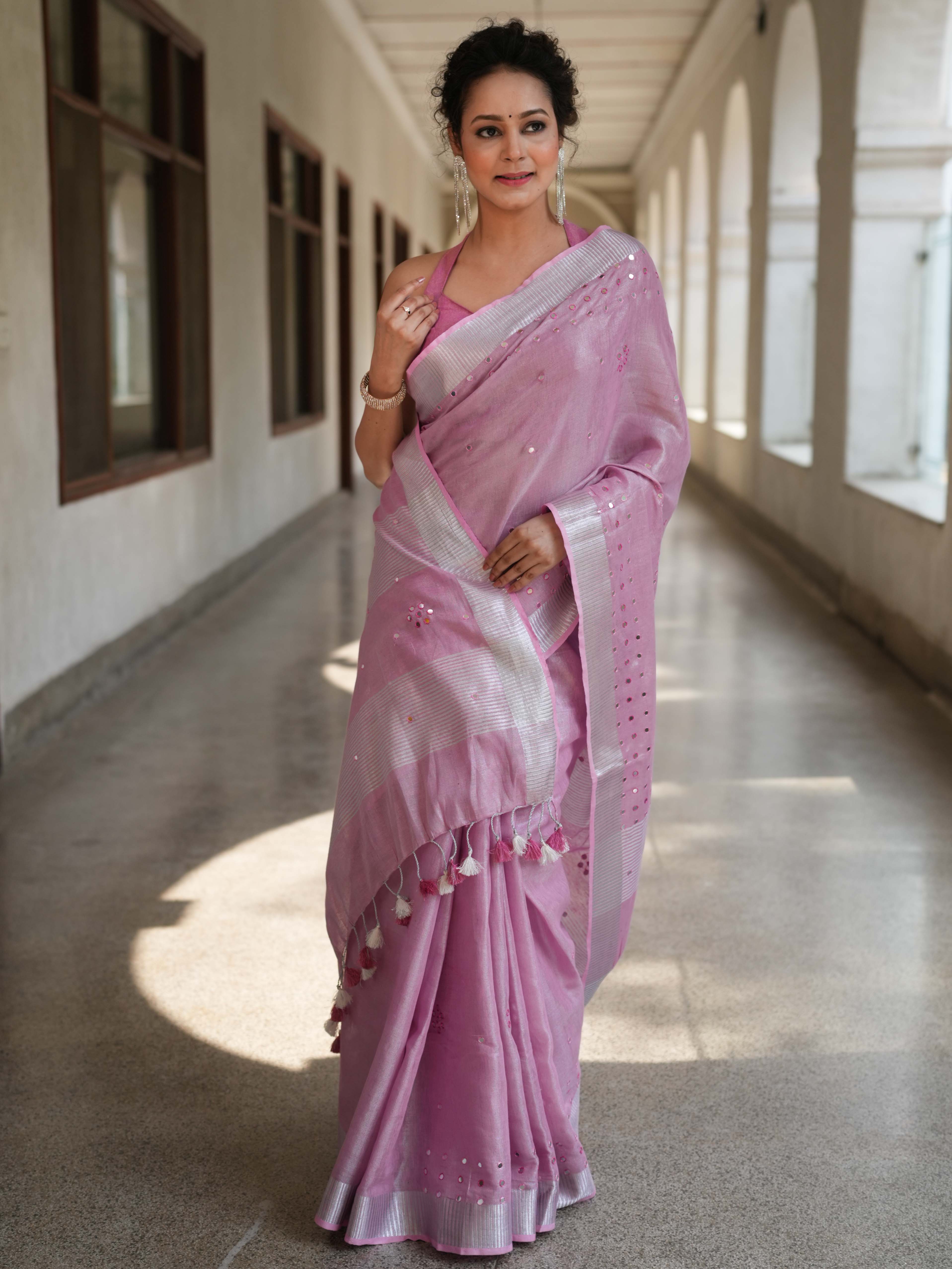 Banarasee Handloom Linen Saree With Mirror Work-Onion Pink