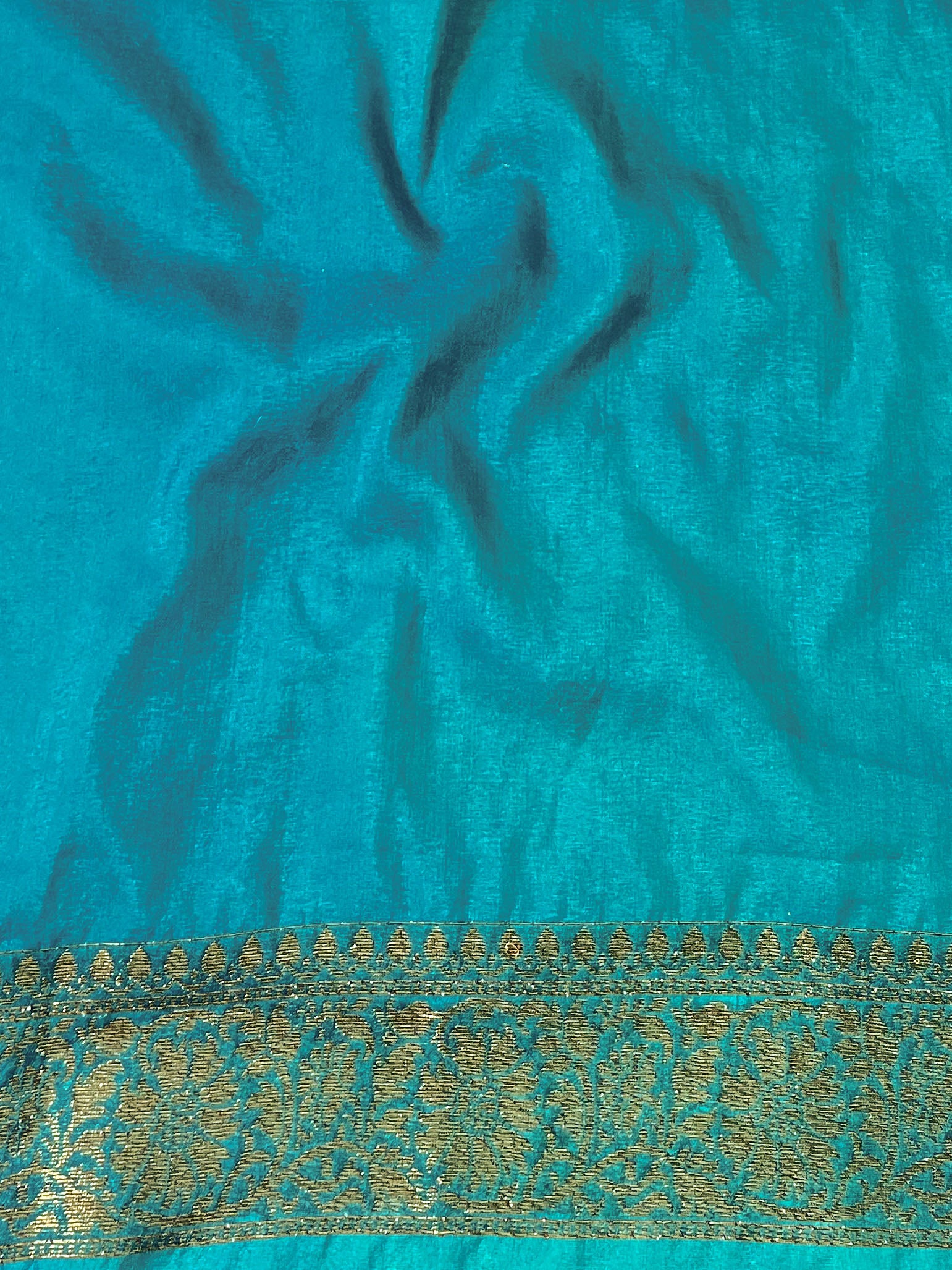 Banarasee Semi-Chiffon Saree With Antique Gold Zari Work-Teal Blue