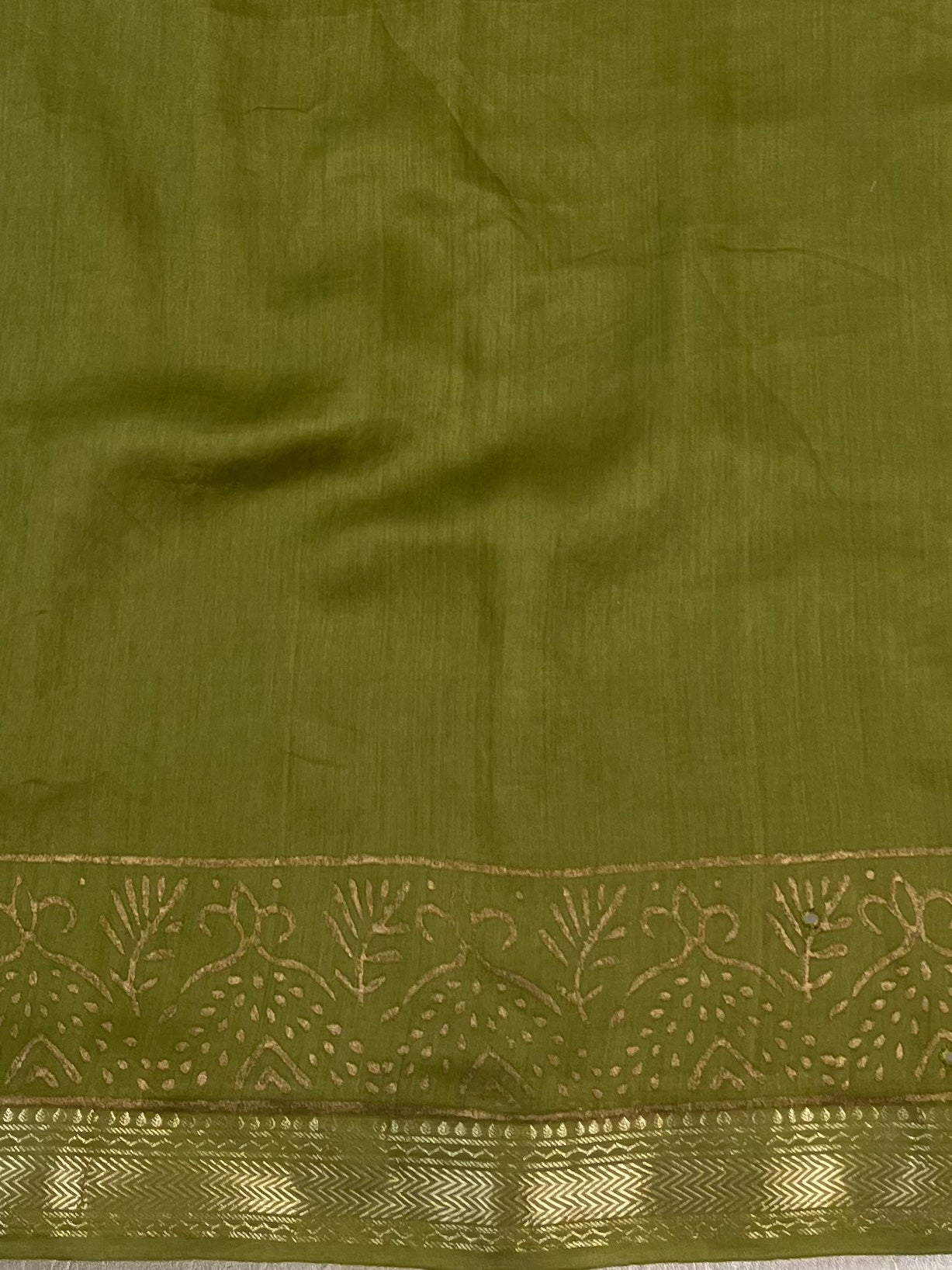 Handloom Maheshwari Silk Bagru Block Printed Mirror Work Saree-Henna Green