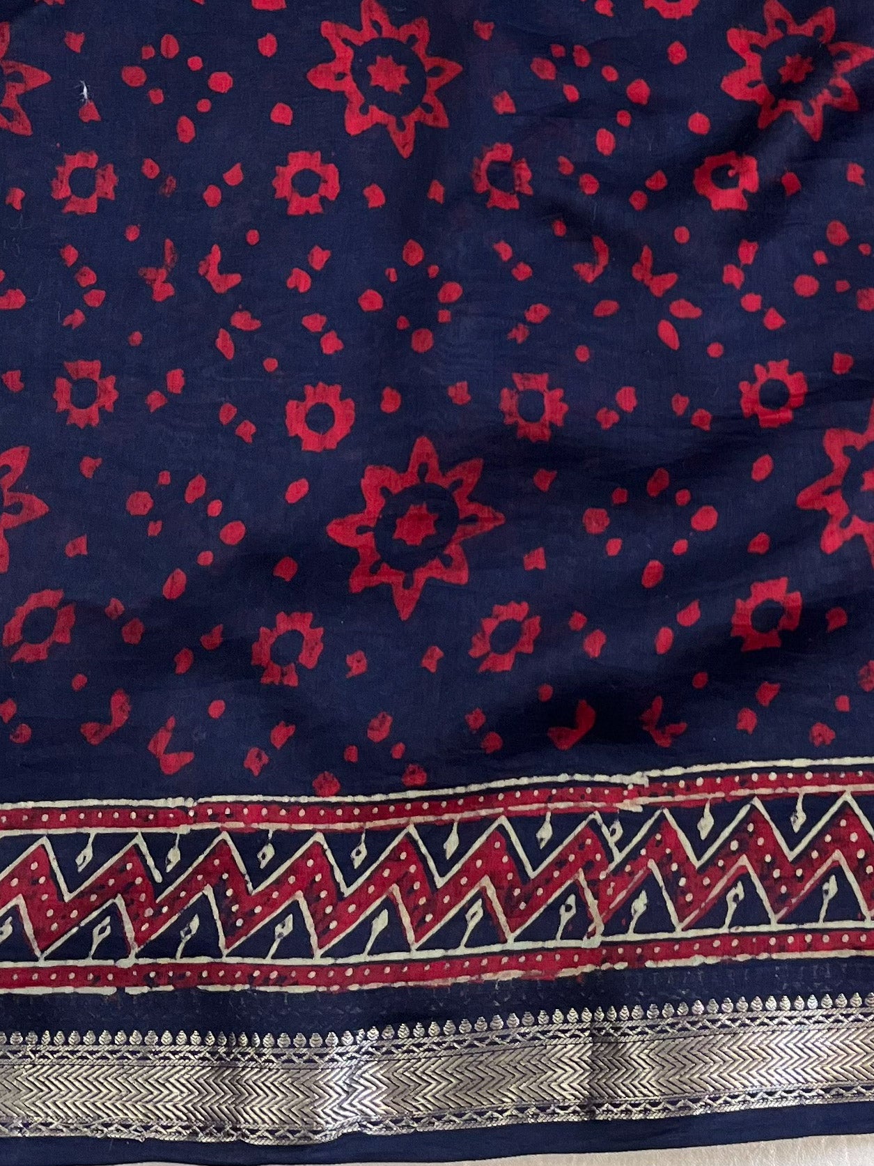 Handloom Maheshwari Silk Bagru Block Printed Mirror Work Saree-Blue