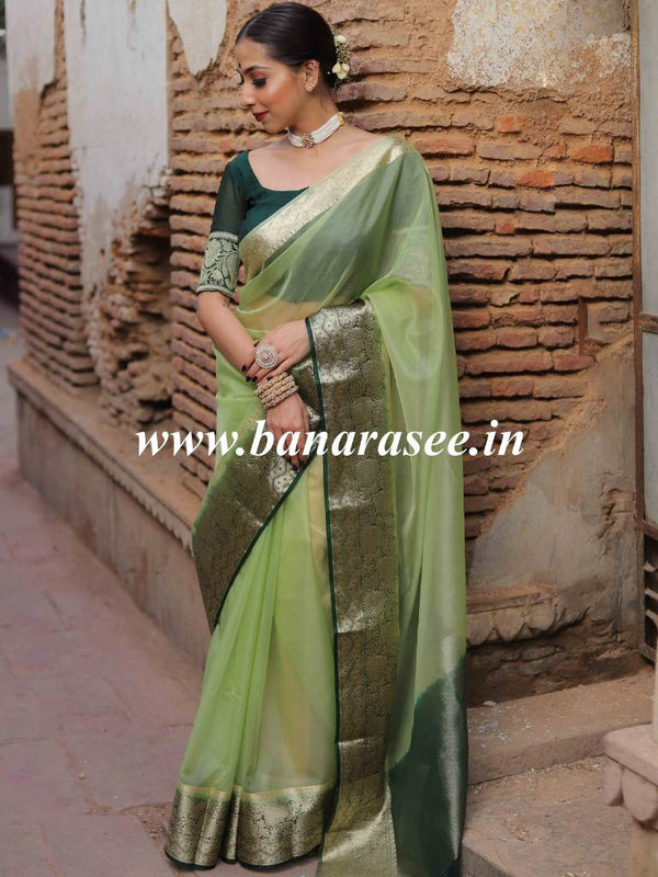 Banarasee Organza Mix Saree With Contrast Zari Border Design-Green