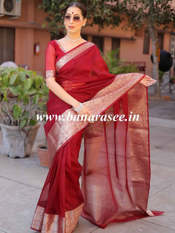 Banarasee Organza Mix Saree With Zari Border-Maroon
