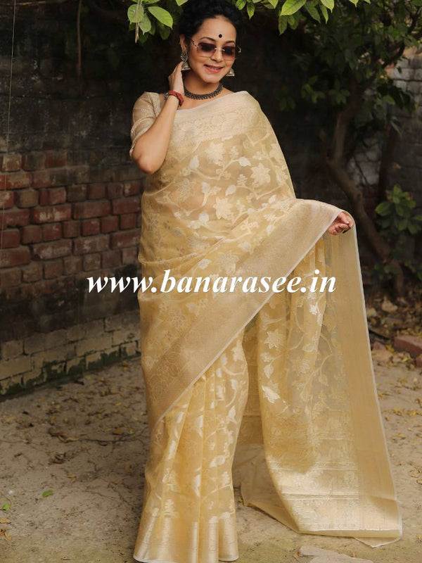 Banarasee Organza Mix Saree With Resham & Zari Jaal Design & Floral Border-Gold
