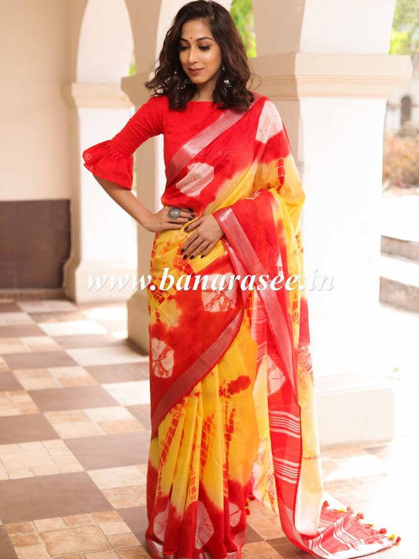 Bhagalpur Handloom Pure Linen Cotton Hand-Dyed Shibori Pattern Saree-Red & Yellow