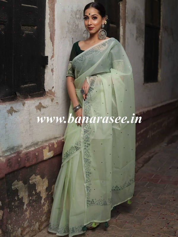 Banarasee Mix Organza Hand-Embroidered Saree-Green