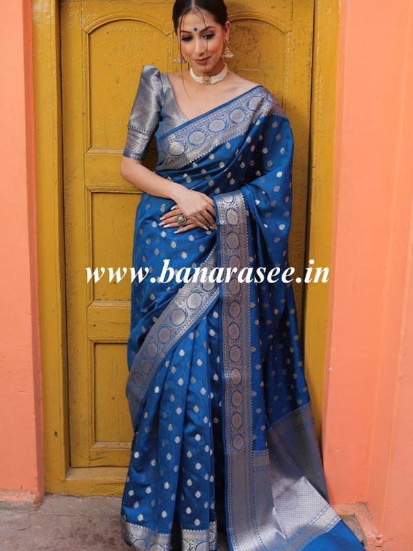 Banarasee Handwoven Pure Silk Cotton Saree With Zari Buti & Border-Azure Blue