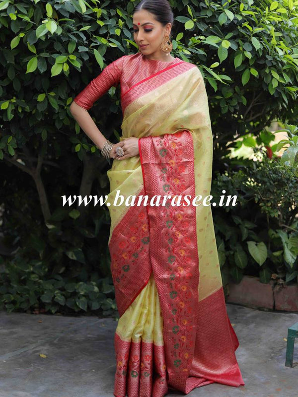 Banarasee Handwoven Contrast Border Soft Tissue Saree-Yellow & Red
