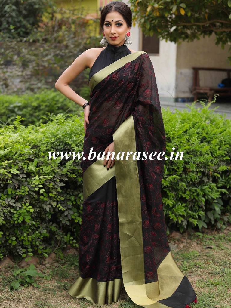 Banarasee Chanderi Cotton Zari Border Embroidered Saree-Black