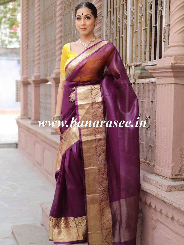 Banarasee Handwoven Organza Zari Border Contrast Blouse Saree-Violet