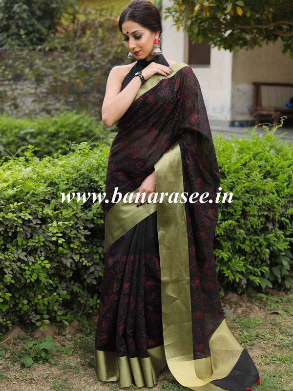 Banarasee Chanderi Cotton Zari Border Embroidered Saree-Black