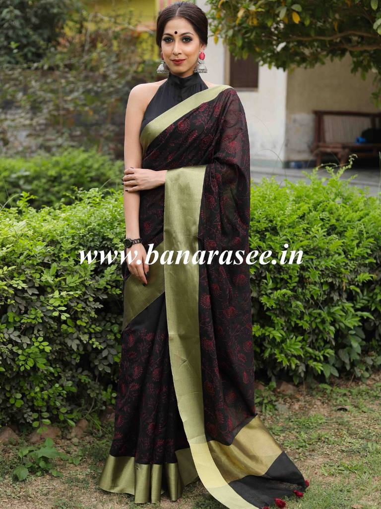 Banarasee Chanderi Cotton Zari Border Embroidered Saree-Black