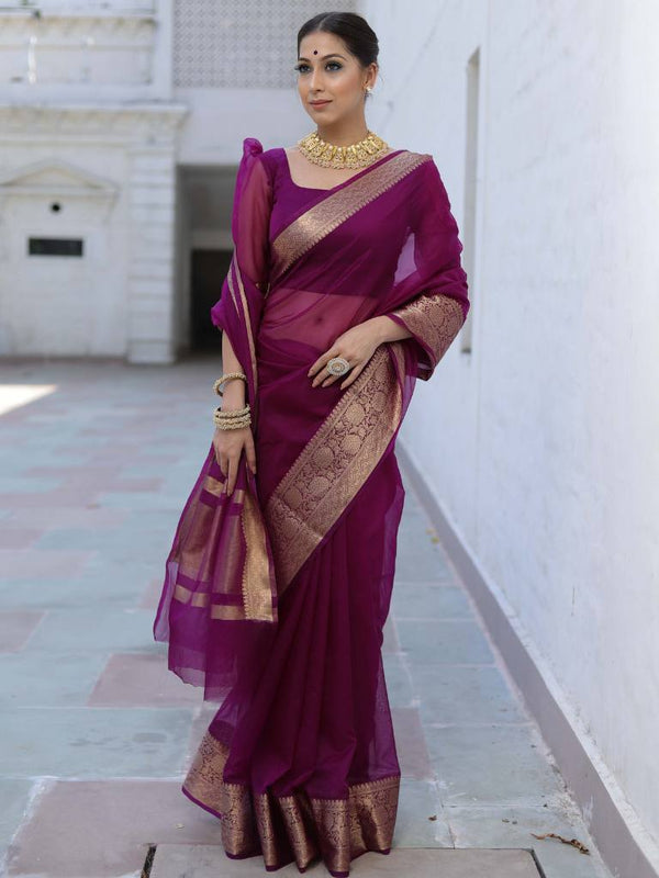 Banarasee Organza Mix Saree With Zari Border-Violet