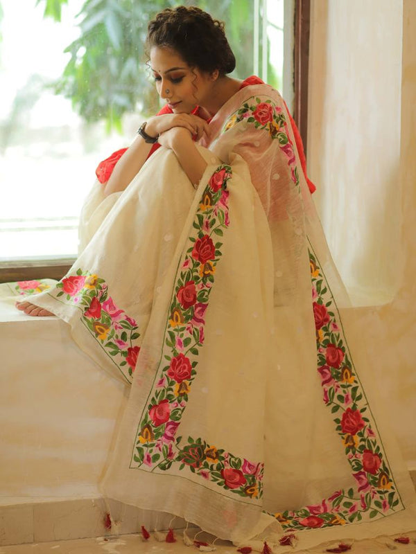 Bhagalpur Handloom Pure Linen By Mulberry Silk Saree With Embroidered Design-Ivory White