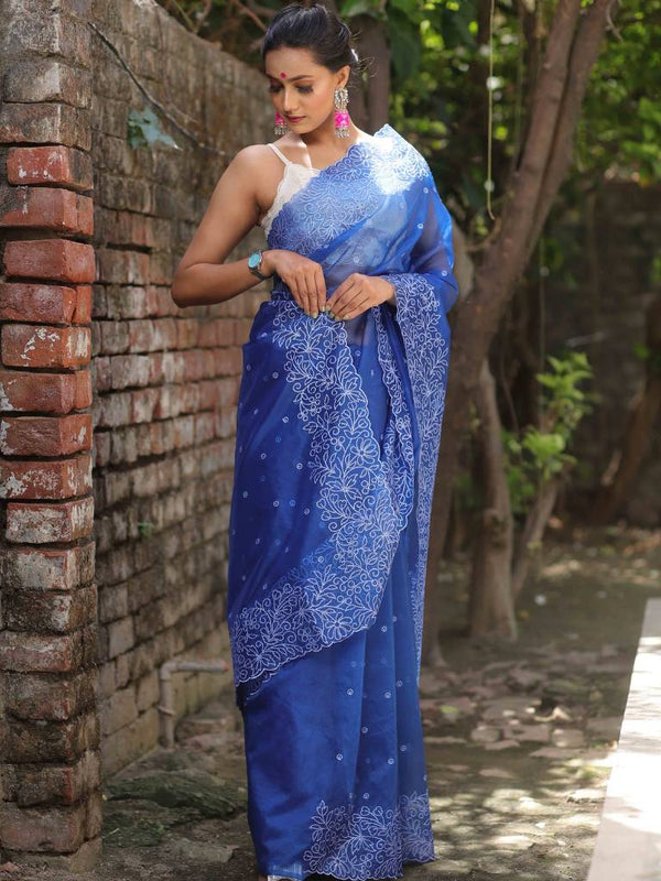 Banarasee Handwoven Organza Silk Floral Embroidered Saree-Royal Blue