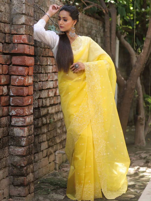 Banarasee Handwoven Organza Silk Floral Embroidered Saree-Yellow