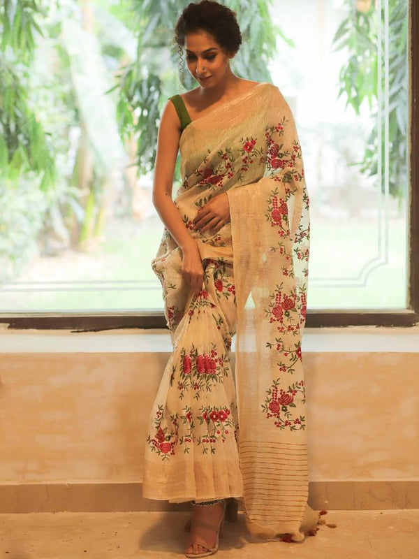 Bhagalpur Handloom Pure Linen By Mulberry Silk Saree With Embroidered Design-Ivory White