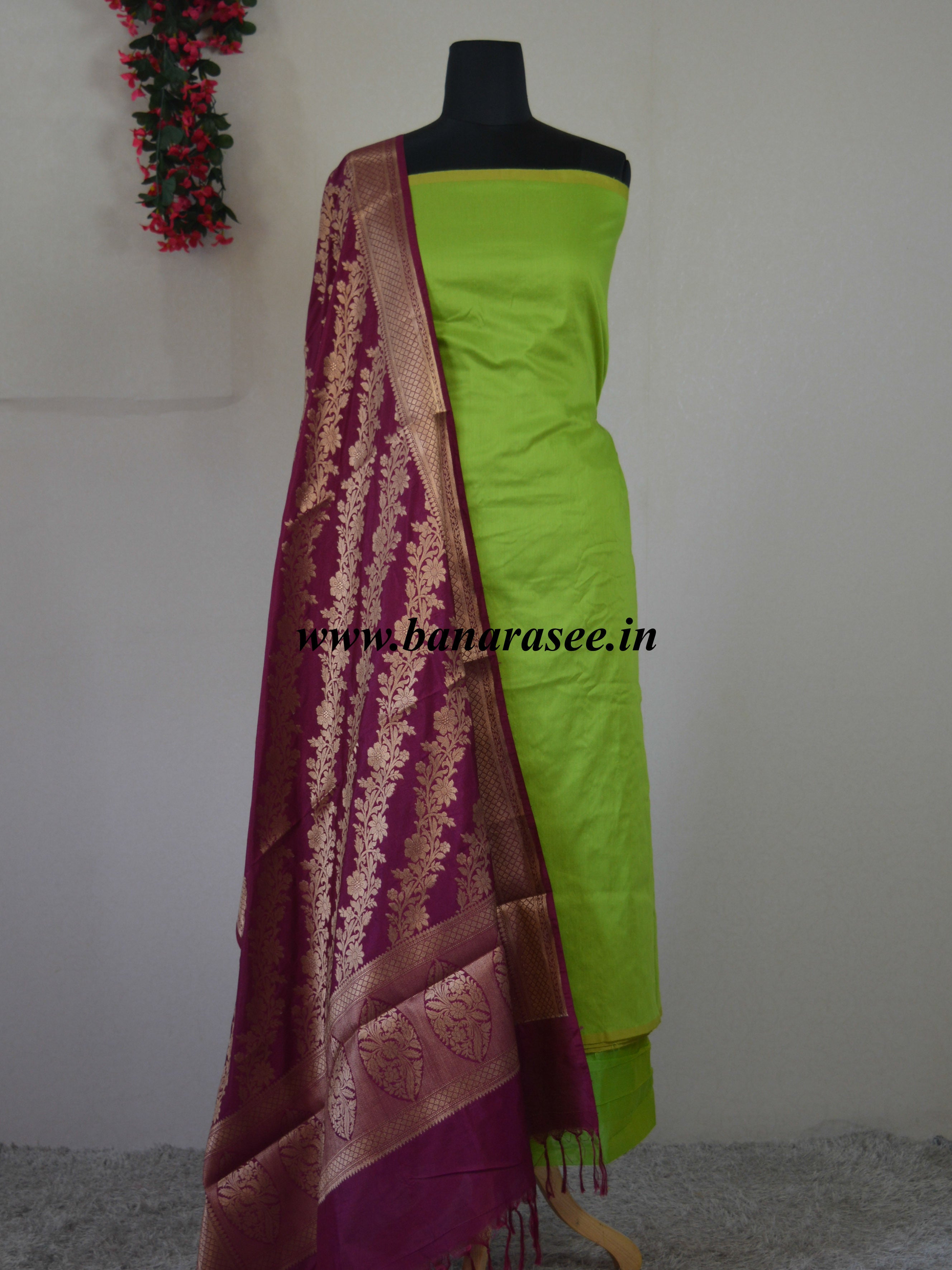 Banarasee Cotton Silk Salwar Kameez Fabric With Contrast Wine Pure Silk Dupatta-Lime Green