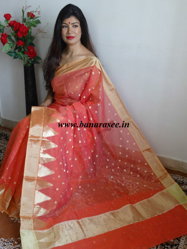 Banarasee Chanderi Cotton Zari Buti & Temple Border-Peach