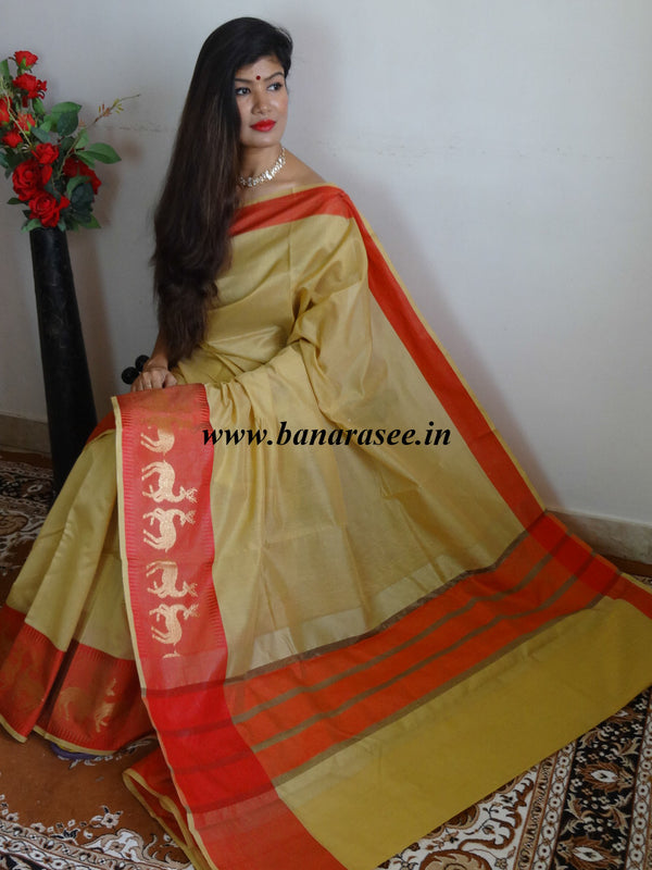 Banarasee Soft Cotton Saree With Zari Deer Motifs On Contrast Red Border-Beige