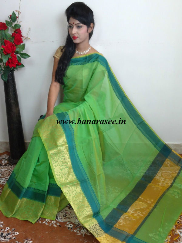 Banarasee Cotton Silk Mix Saree With Floral Resham & Zari Border-Green